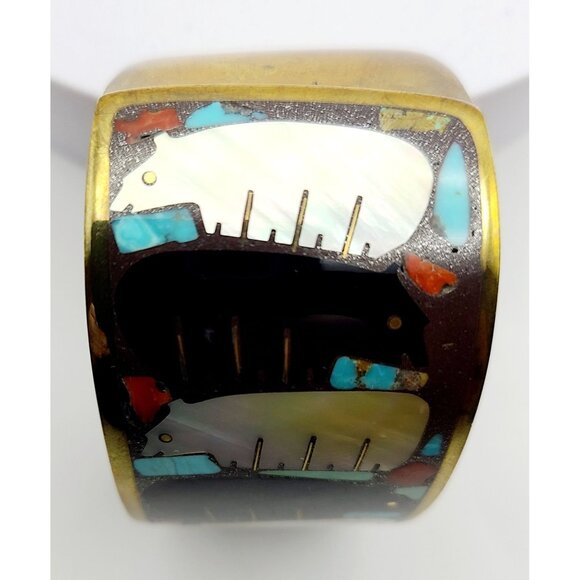 Vintage Andrew Shows Handcrafted Brass Cuff Bracelet W/ Bear Design Rare Unique - Picture 3 of 16